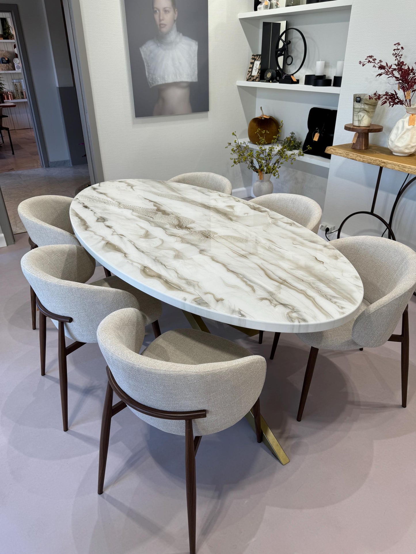 Oval Dining Table | White and Gold Resin Art
