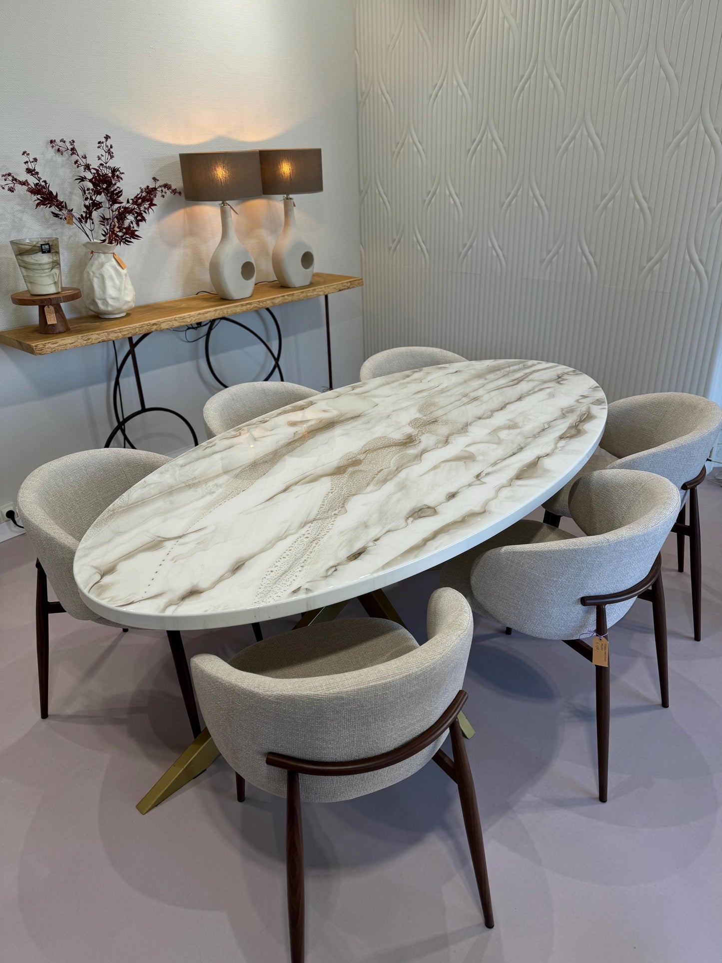Oval Dining Table | White and Gold Resin Art