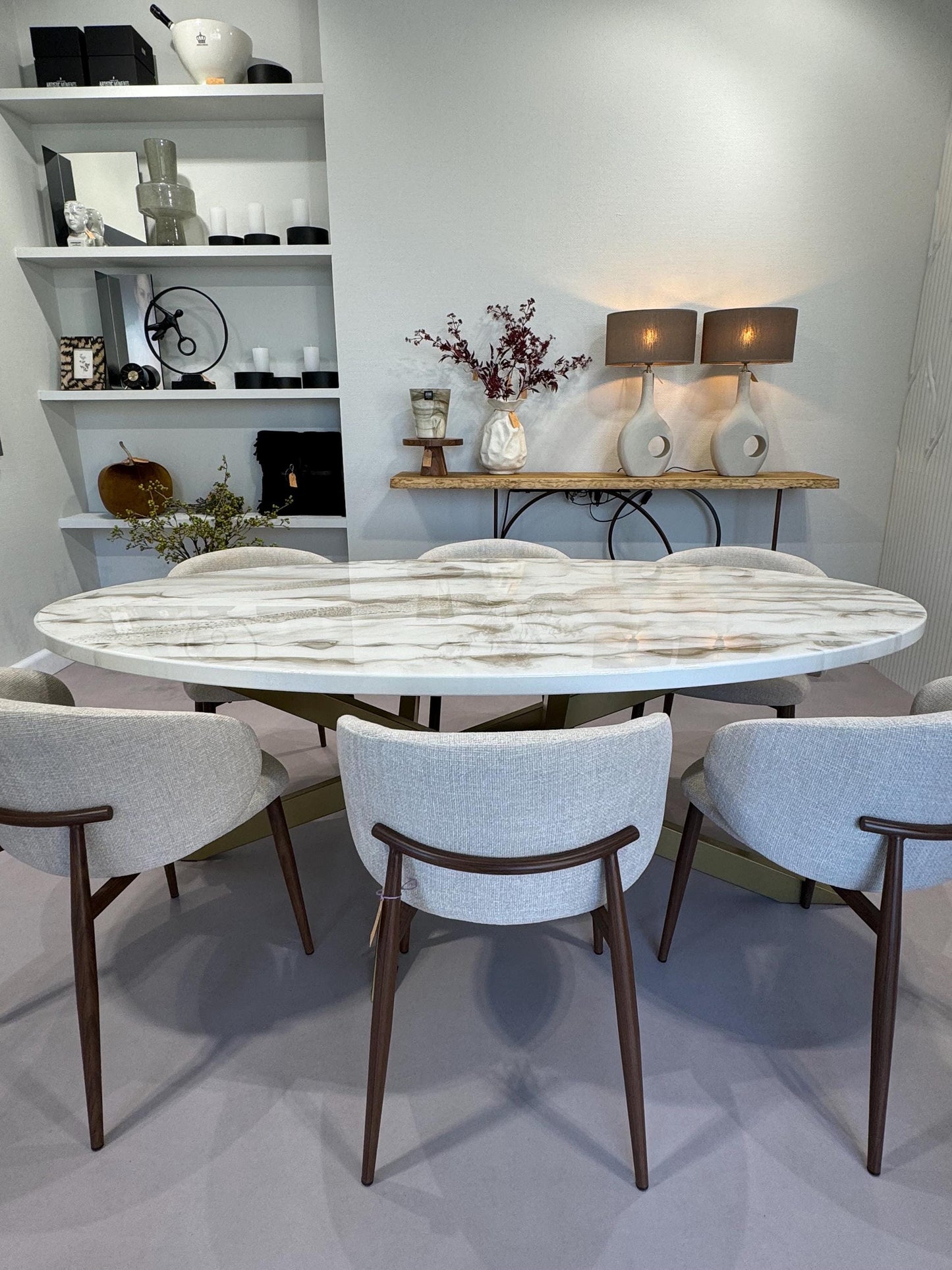 Oval Dining Table | White and Gold Resin Art