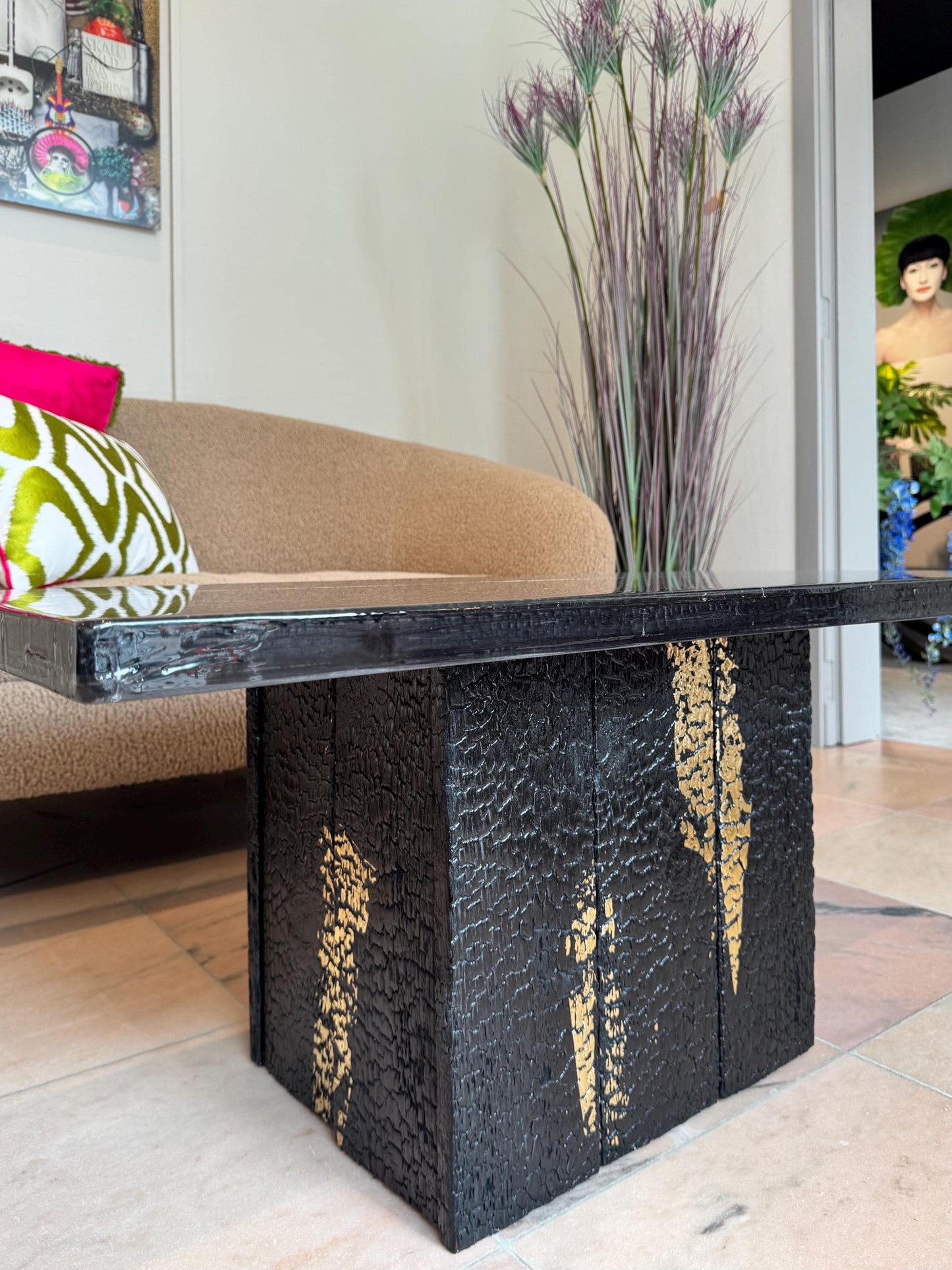 Reclaimed Wood Table | Shou Sugi Ban | Gold Finish