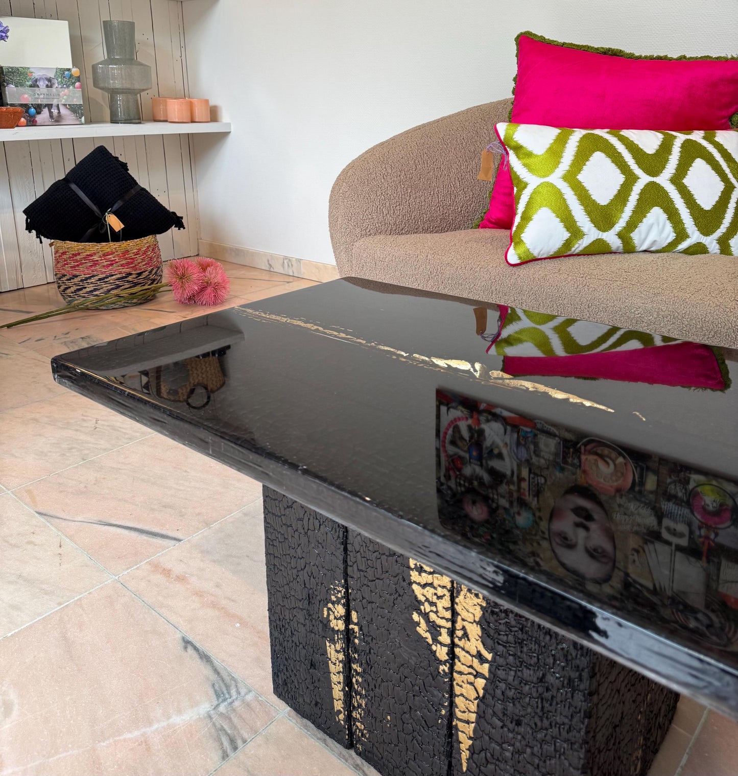 Reclaimed Wood Table | Shou Sugi Ban | Gold Finish