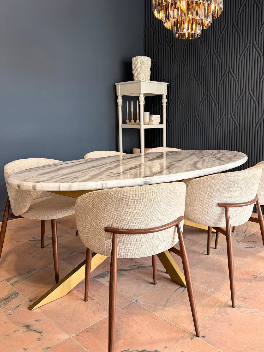 Oval shaped dining table, custom made white and grey marble design