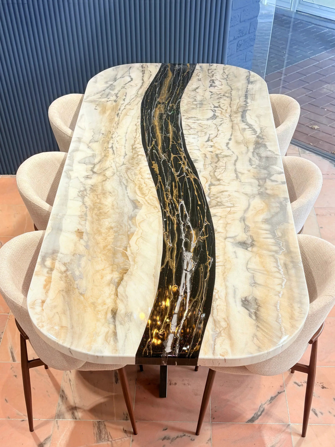 Black Resin River Table with Gold Sparkles. Extra rounded corners. 