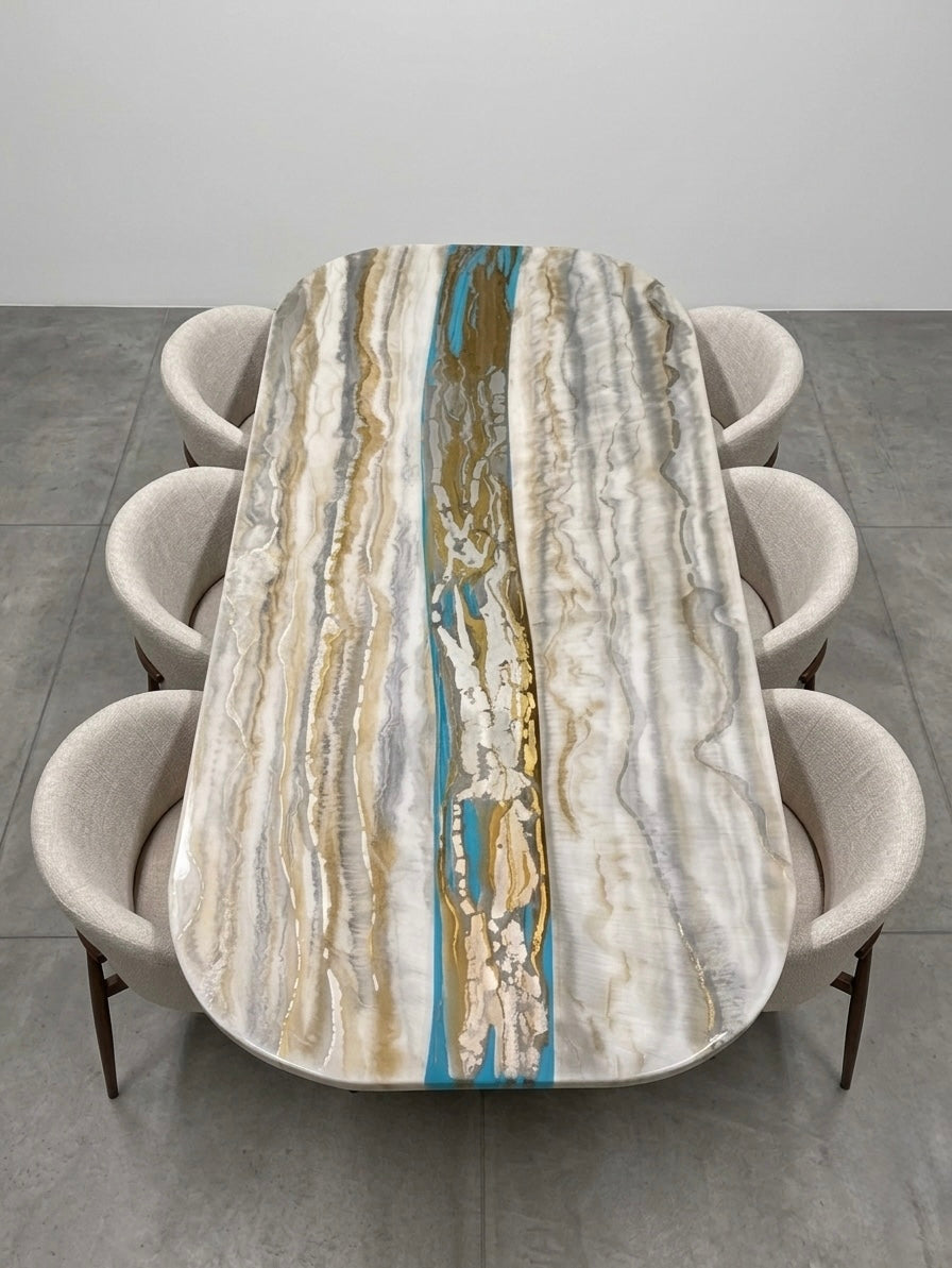 Bespoke epoxy resin dining table. Turquoise river and silver and good marble design