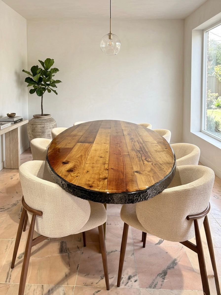 Bespoke Reclaimed wood dining table. Oval shaped
