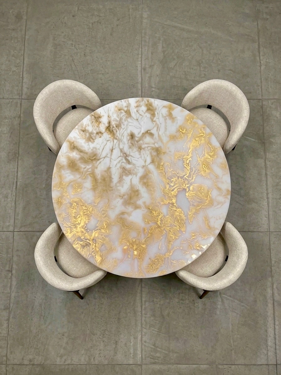 Round custom made dining table in white and gold cloud marble design