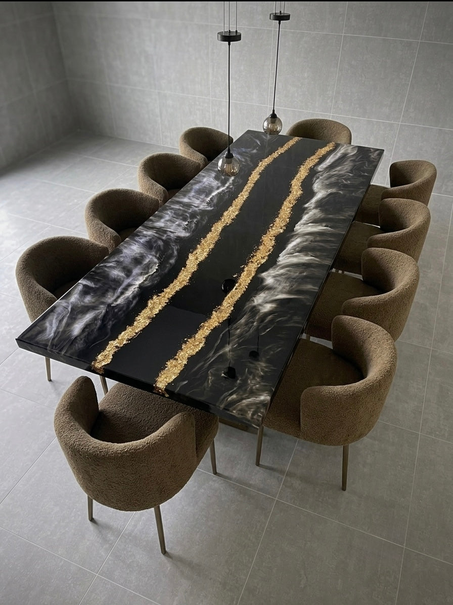 Bespoke ocean wave dining table with golden flake river