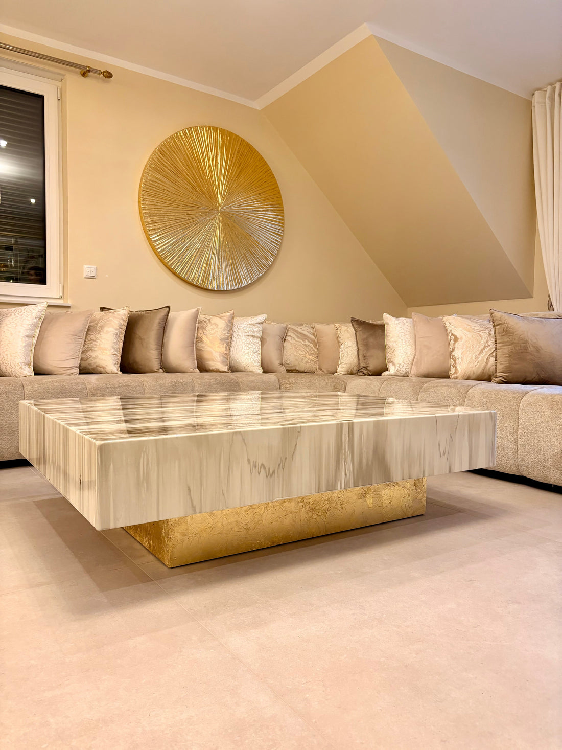 Bespoke coffee table with gold base and extra thick marble design table top