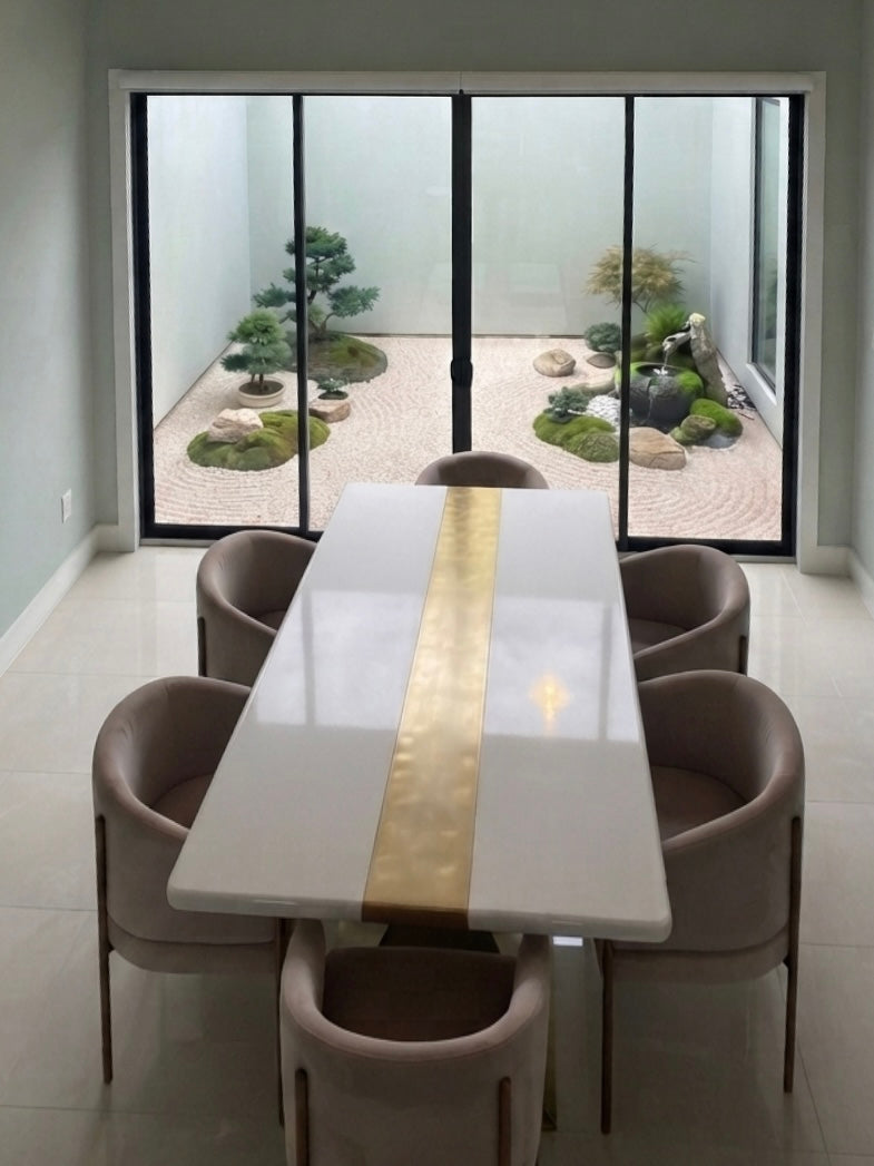 Bespoke white rectangular dining table with gold river