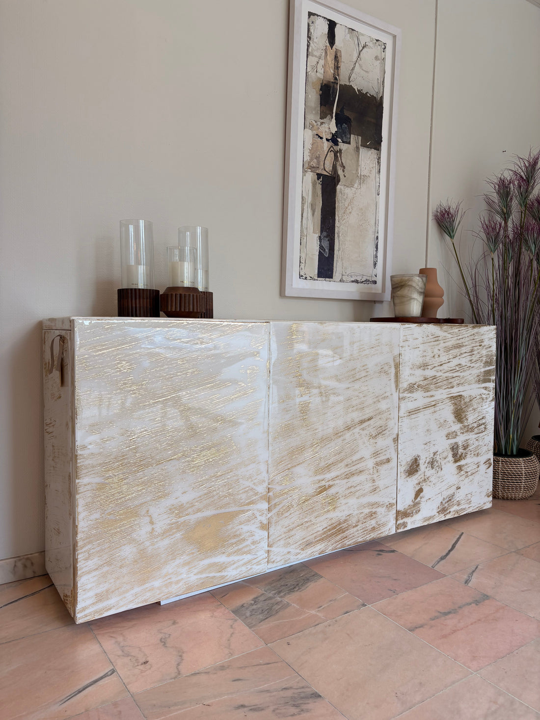 Bespoke resin art sideboard. White and gold luxury design.
