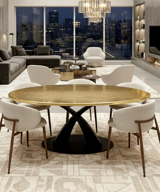 24-karat gold dining table featuring genuine, hand-laid gold leaf sealed beneath multiple layers of UV-resistant epoxy