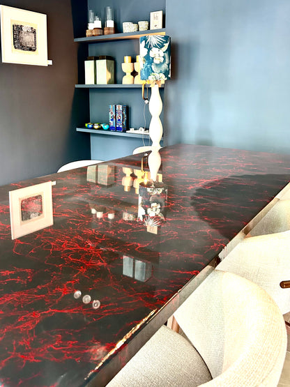 Dark Grey with Red Marble – High Gloss Resin Dining Table (Custom Size)