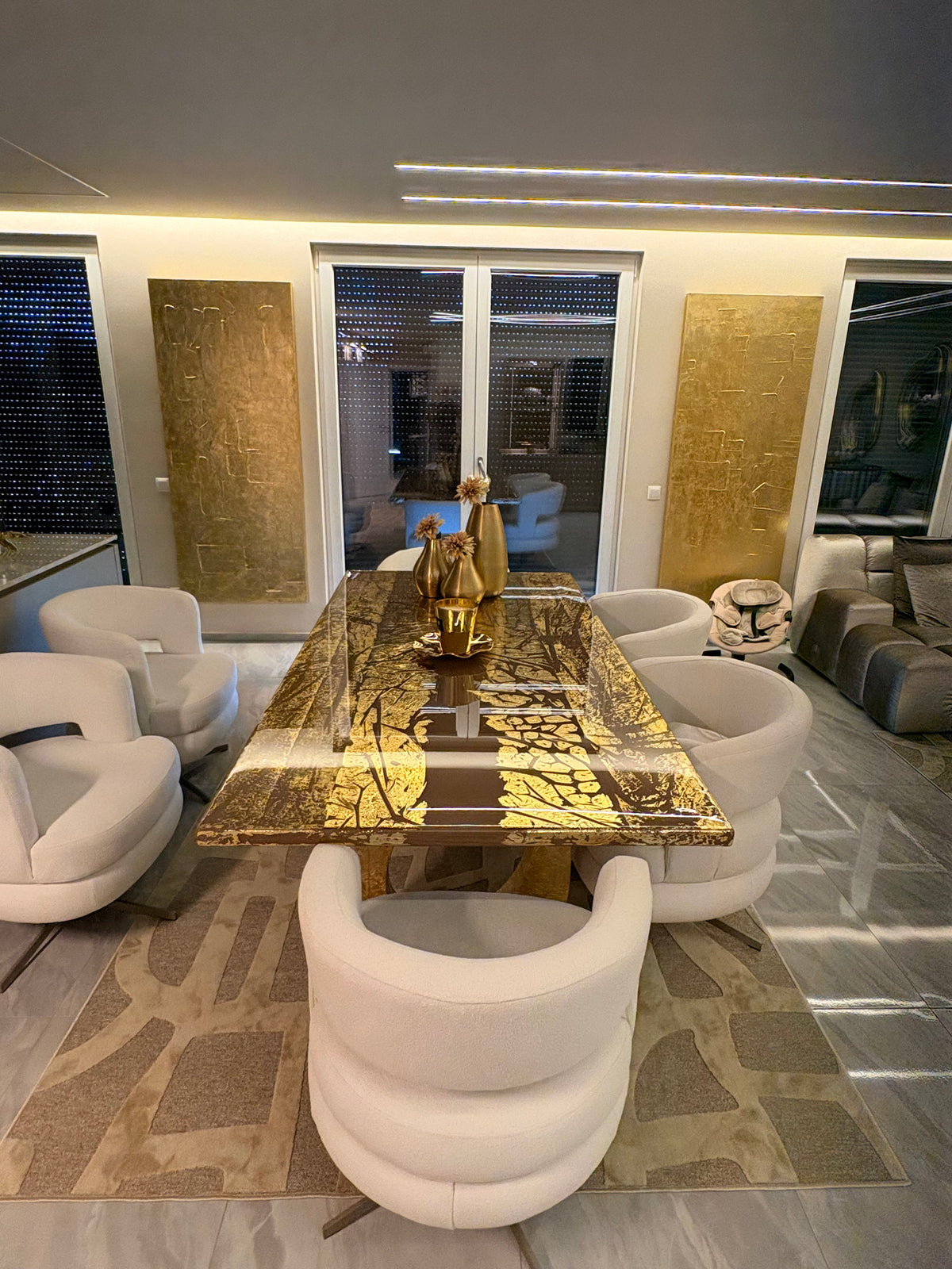 Golden Veins Gold Leaf Resin Dining Table with Gilded Sculptural Legs