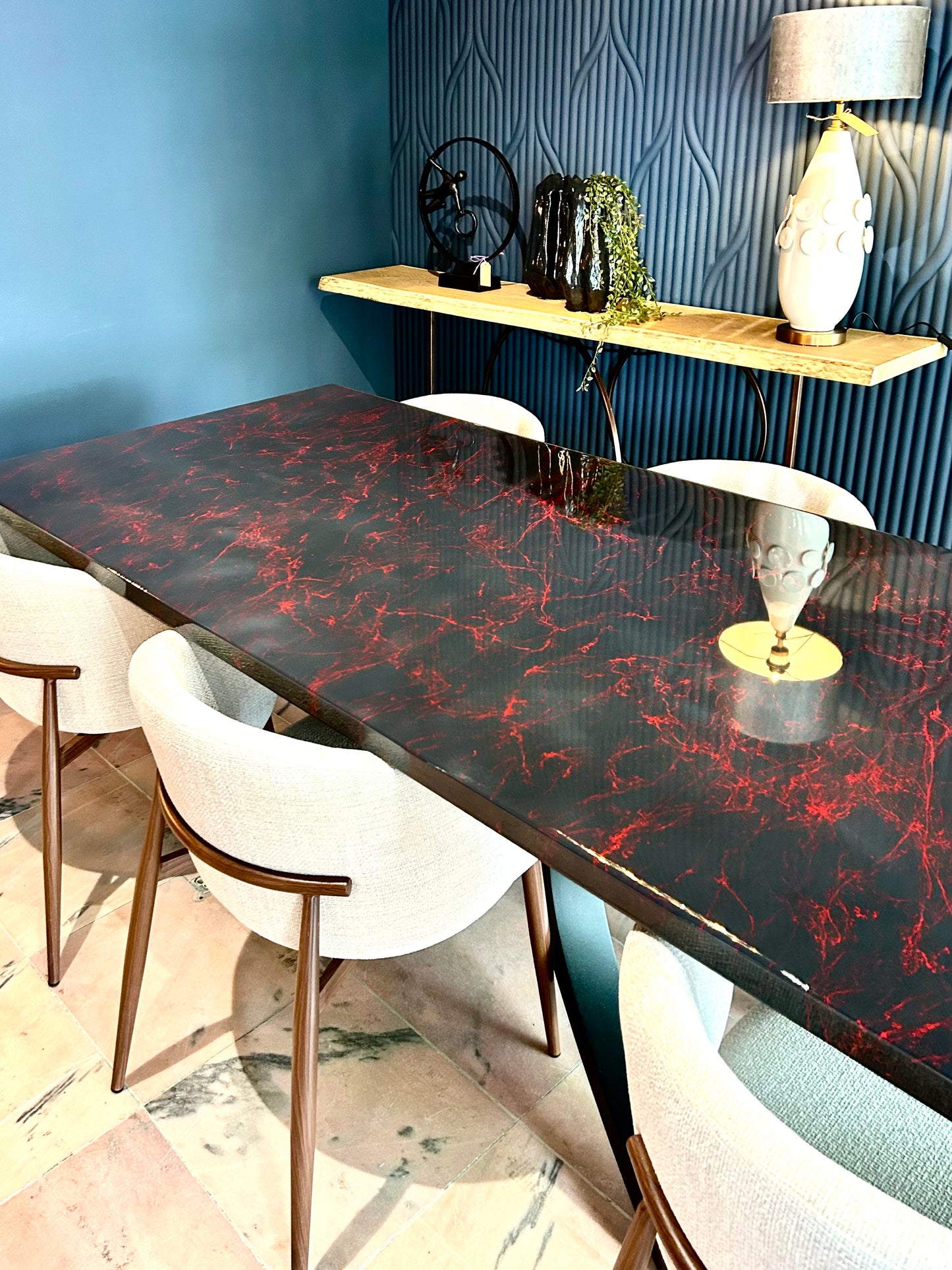 Dark Grey with Red Marble – High Gloss Resin Dining Table (Custom Size)