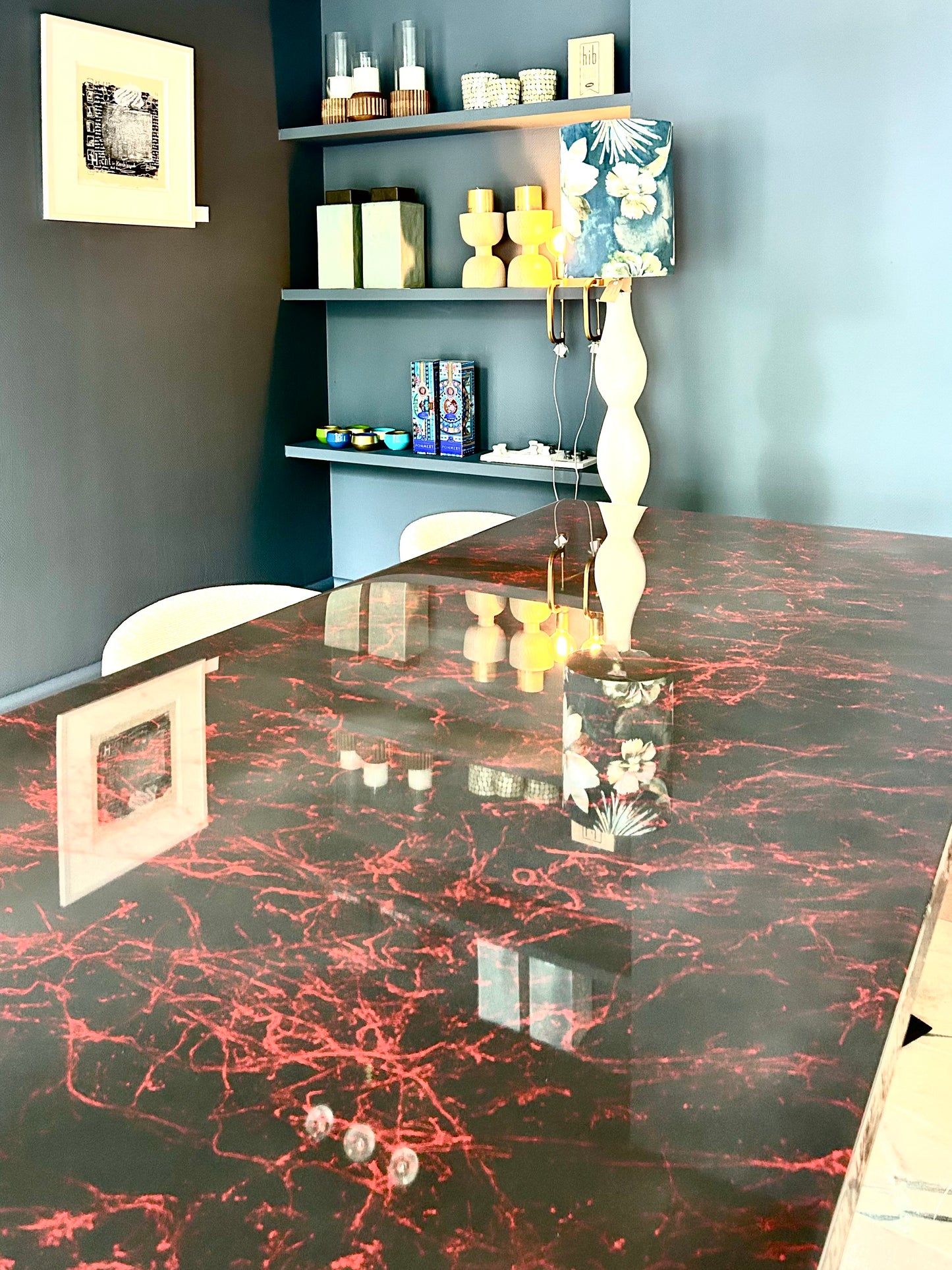 Dark Grey with Red Marble – High Gloss Resin Dining Table (Custom Size)