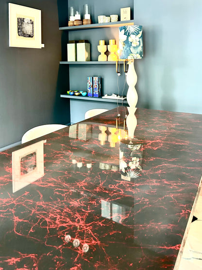 Dark Grey with Red Marble – High Gloss Resin Dining Table (Custom Size)