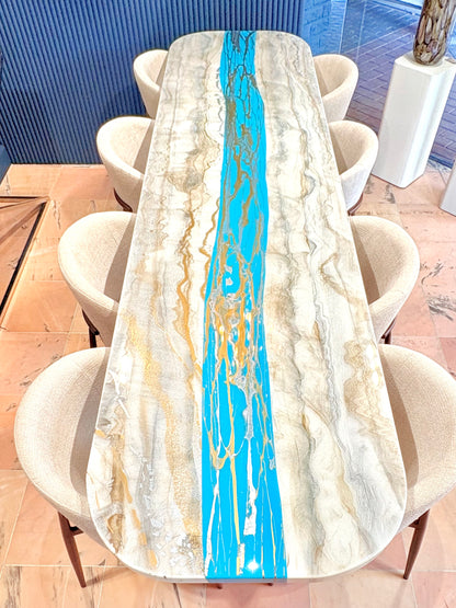 Turquoise Resin River Dining Table with Sparkles (Custom Made)