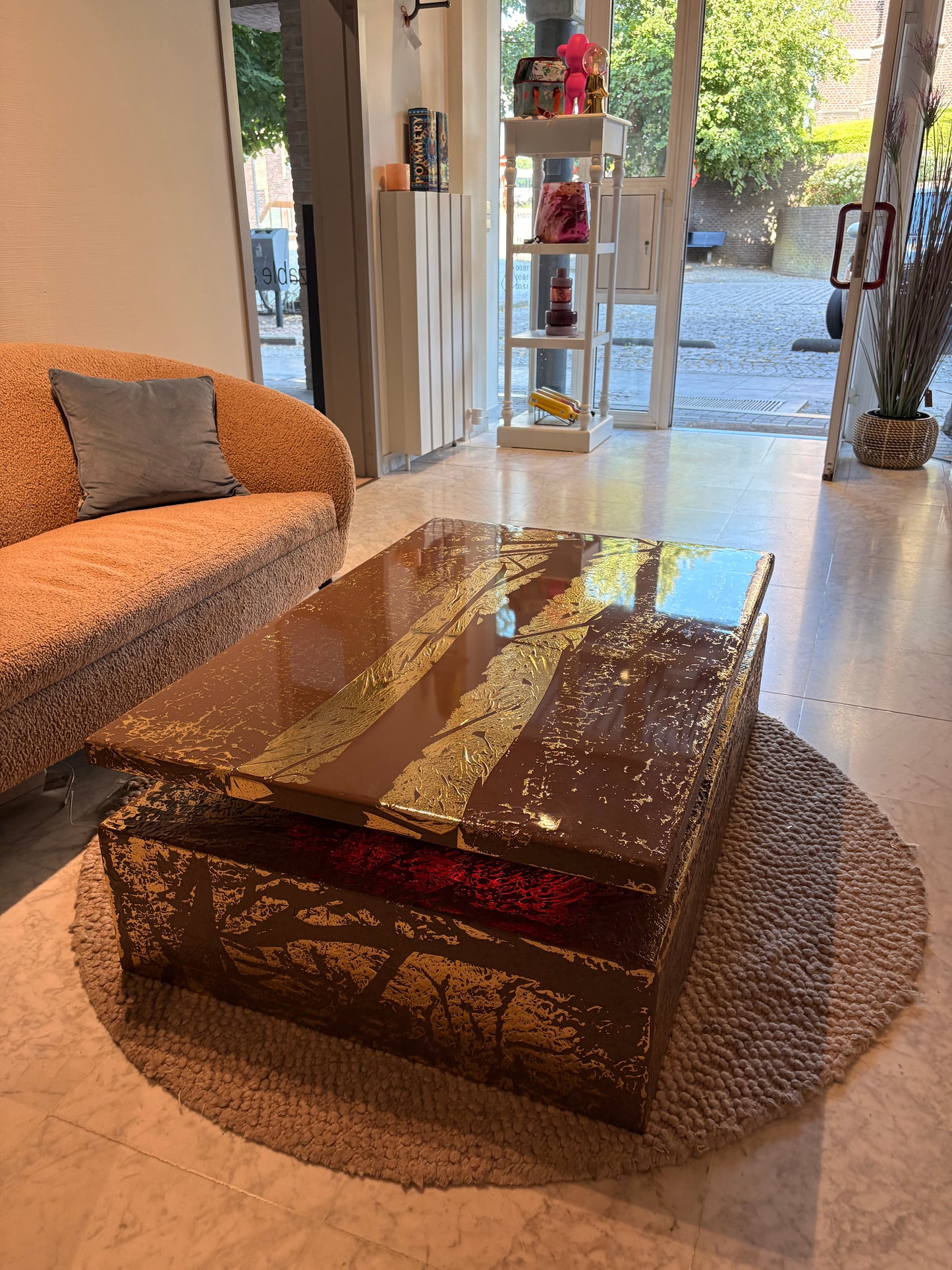Gold Leaf Coffee Table – Dark Taupe Epoxy Resin with Multicolor LED Lighting