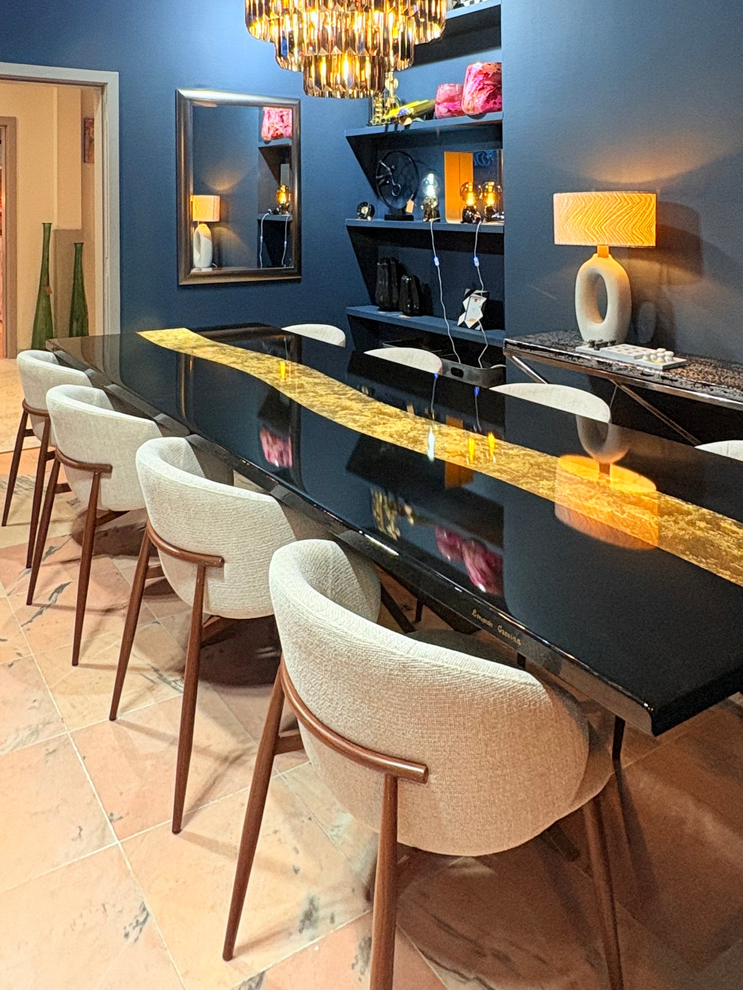 Black Dining Table with Glossy Gold River (Custom Size)