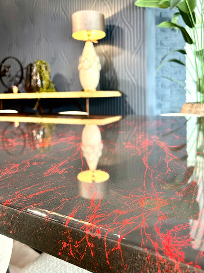 Dark Grey with Red Marble – High Gloss Resin Dining Table (Custom Size)