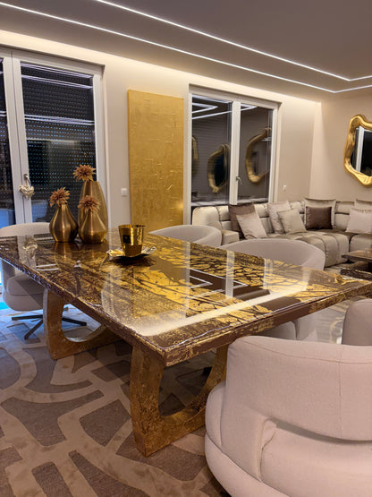 Golden Veins Gold Leaf Resin Dining Table with Gilded Sculptural Legs