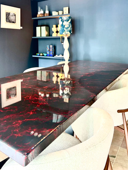 Dark Grey with Red Marble – High Gloss Resin Dining Table (Custom Size)