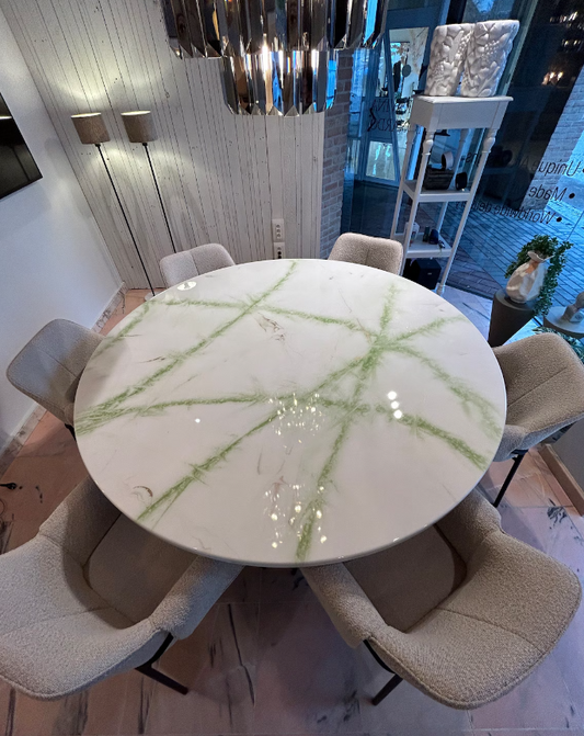 Round Dining Table | White and Green Marble Design