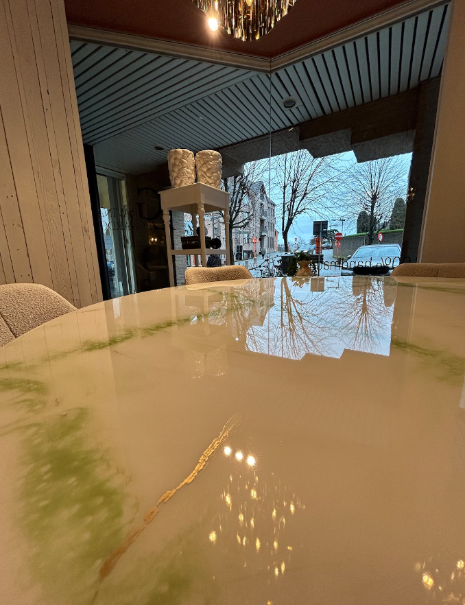 Round Dining Table | White and Green Marble Design
