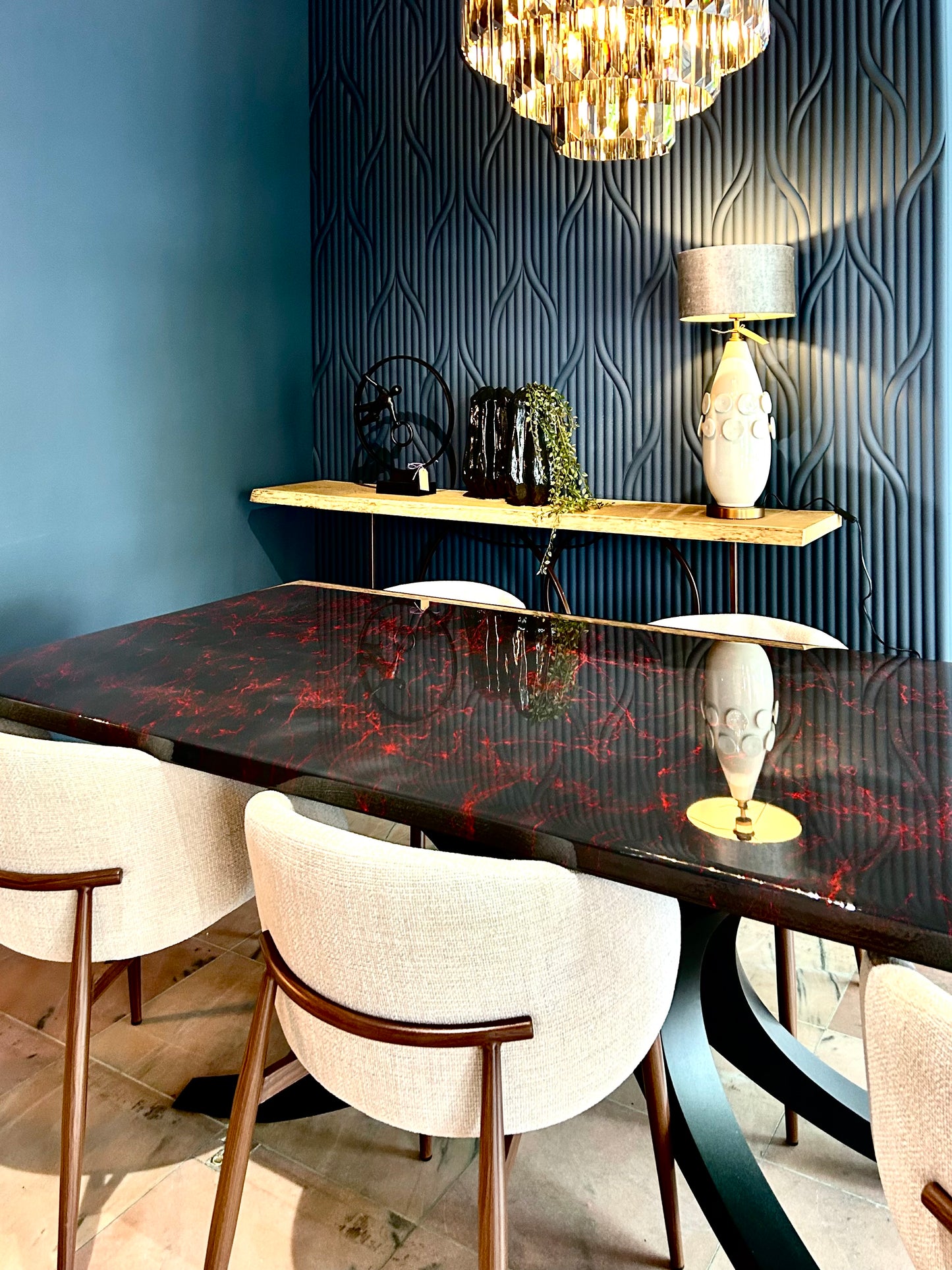 Dark Grey with Red Marble – High Gloss Resin Dining Table (Custom Size)