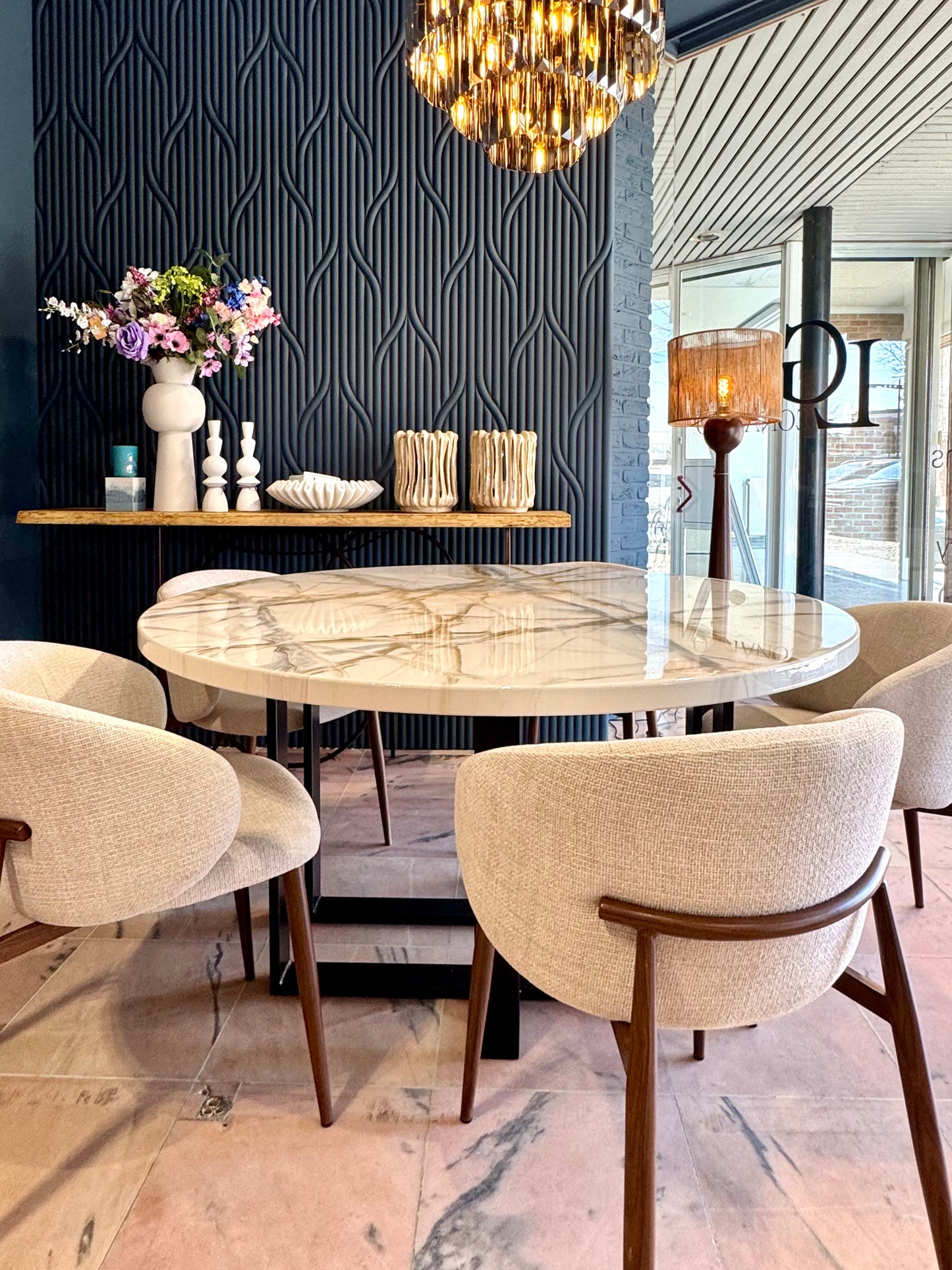 Table de salle à manger ronde | Design en marbre blanc et vert