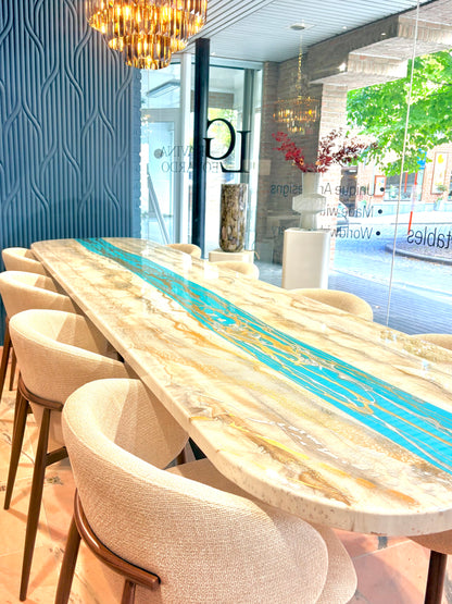 Turquoise Resin River Dining Table with Sparkles (Custom Made)
