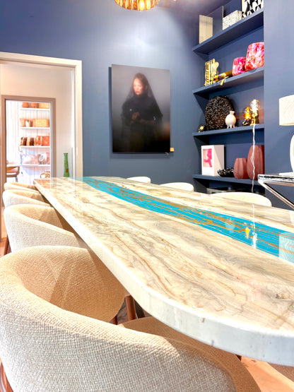 Turquoise Resin River Dining Table with Sparkles (Custom Made)