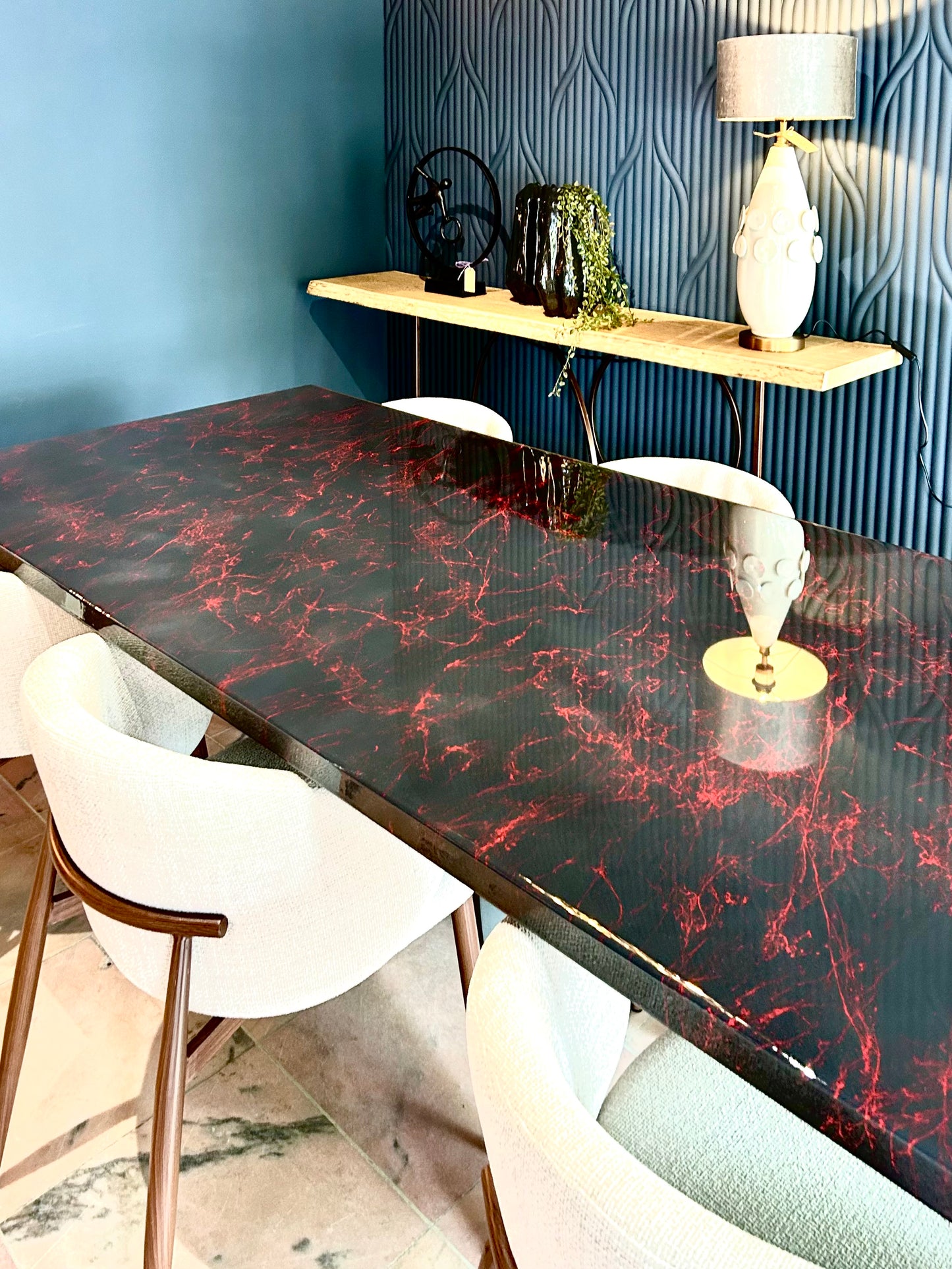Dark Grey with Red Marble – High Gloss Resin Dining Table (Custom Size)