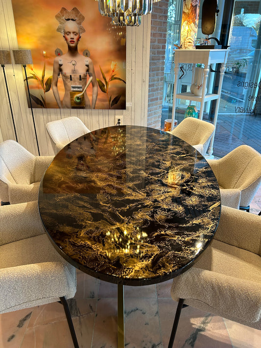 Black Oval Epoxy Dining Table with Gold Cloud Marble Design