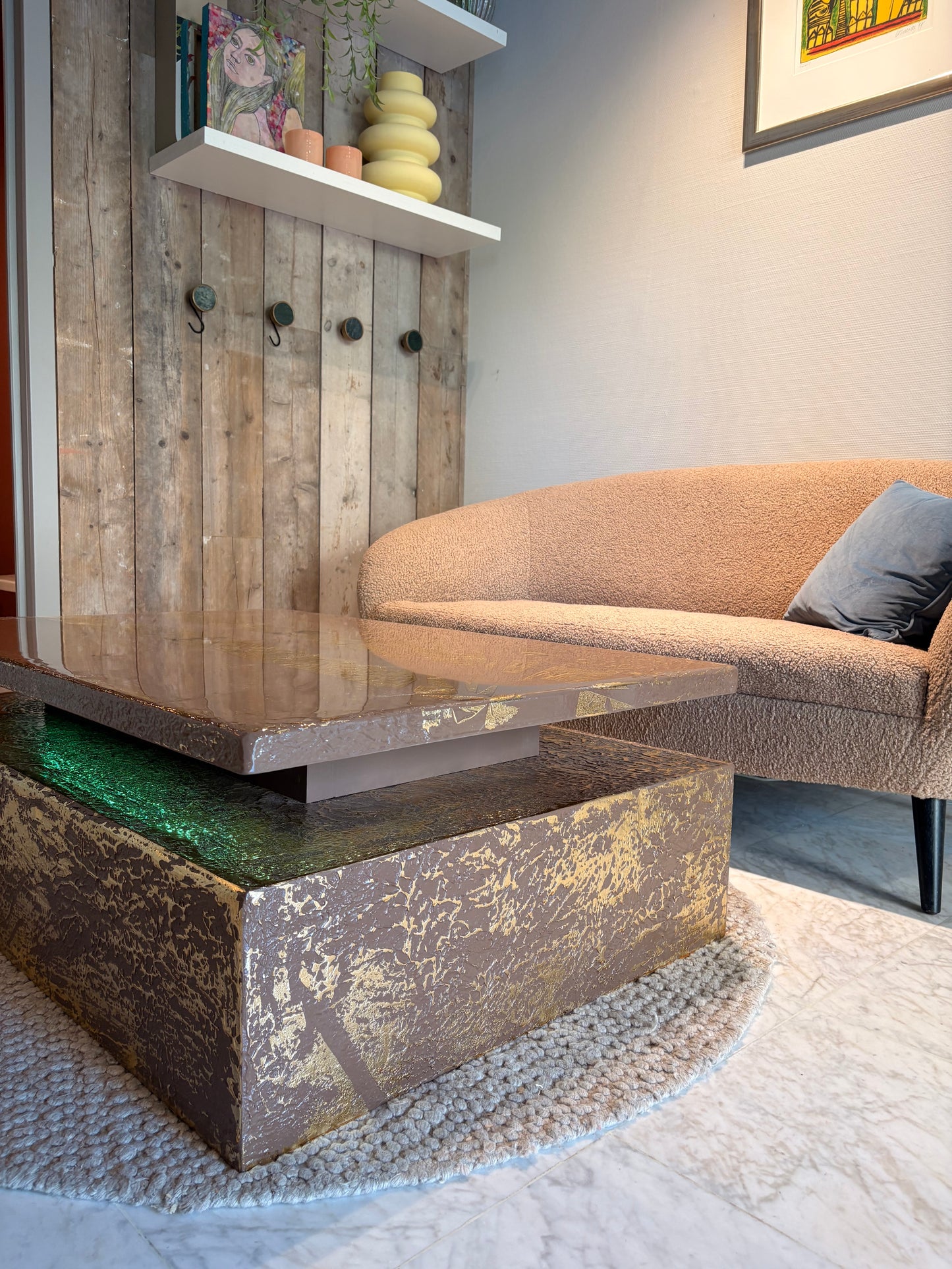Gold Leaf Coffee Table – Dark Taupe Epoxy Resin with Multicolor LED Lighting