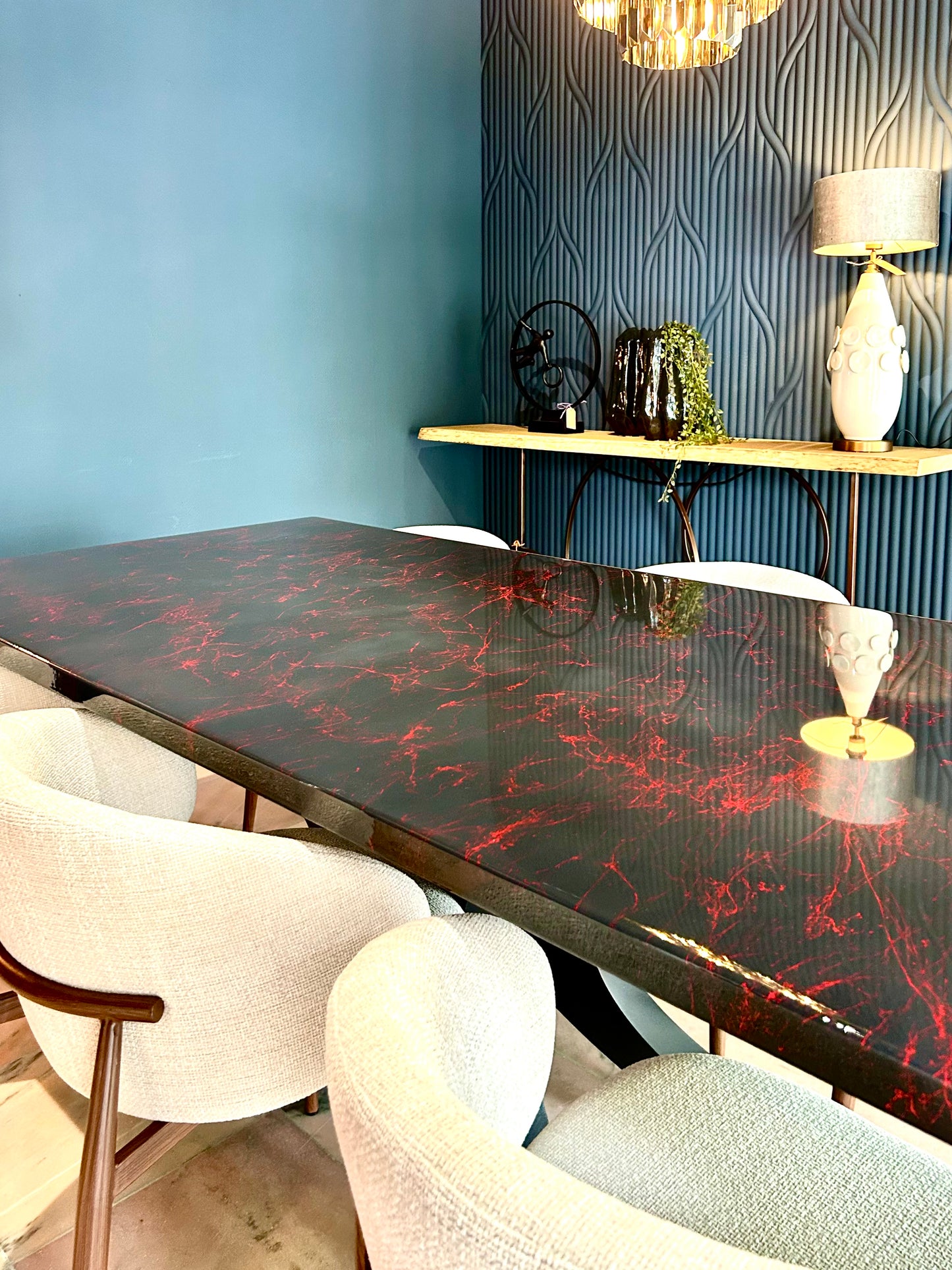 Dark Grey with Red Marble – High Gloss Resin Dining Table (Custom Size)