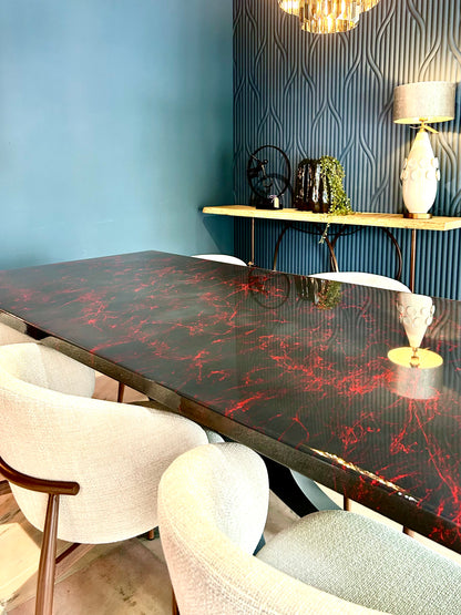 Dark Grey with Red Marble – High Gloss Resin Dining Table (Custom Size)