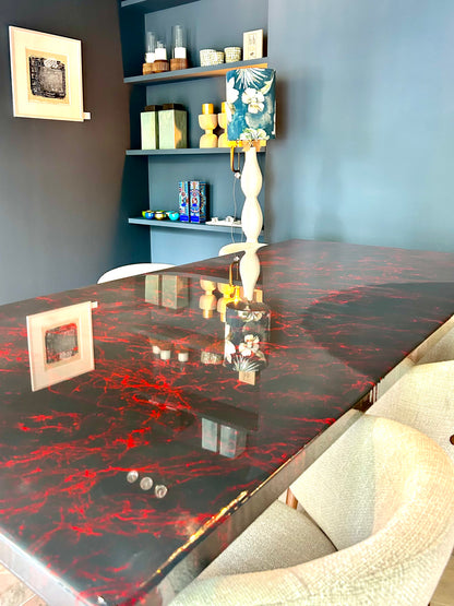 Dark Grey with Red Marble – High Gloss Resin Dining Table (Custom Size)