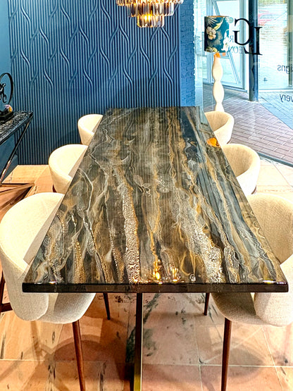 Dark Gold & Silver Resin Dining Table (Handmade)