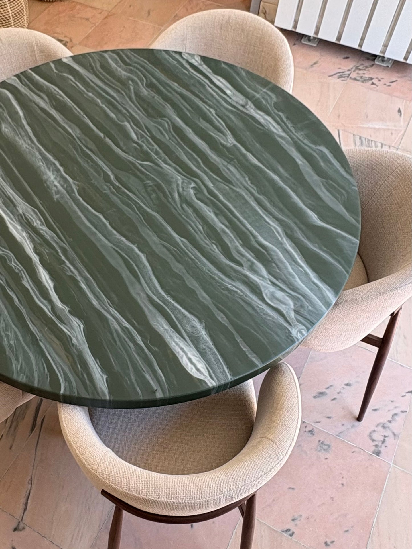 Round Dining Table | Green Marble Epoxy with Gold Accents