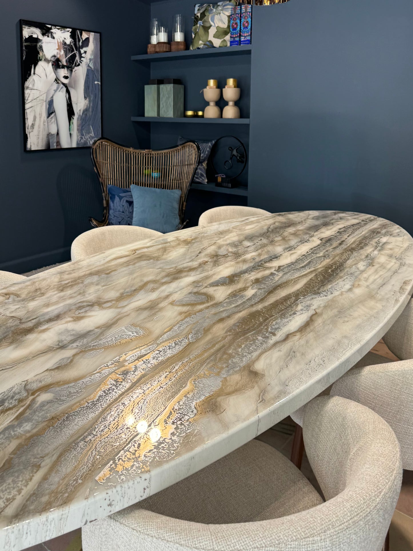 Customized Oval Dining Table | Silver and Gold Pouring Art
