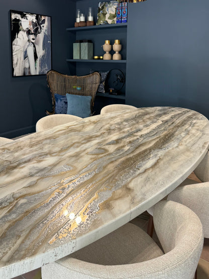 Customized Oval Dining Table | Silver and Gold Pouring Art