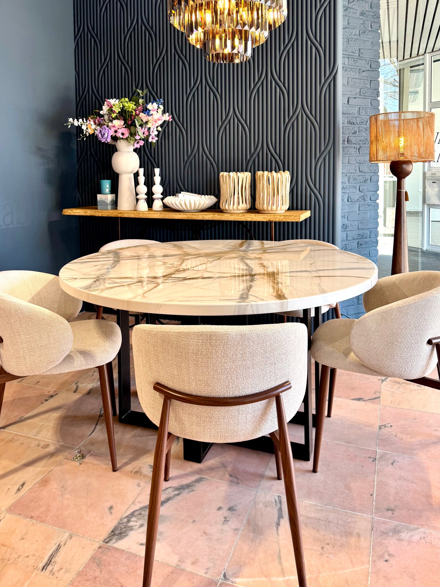 Table de salle à manger ronde | Design en marbre blanc et vert