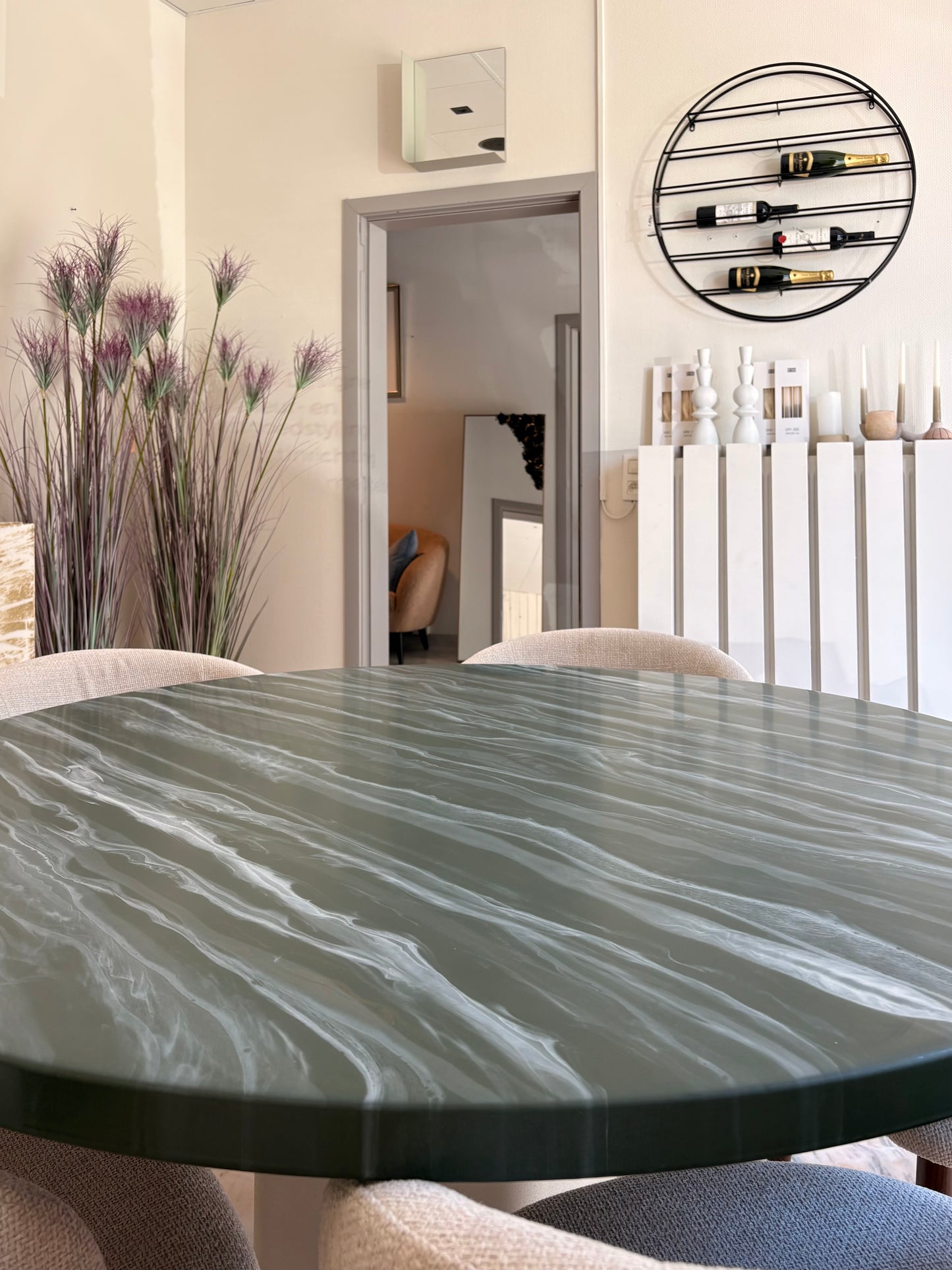 Round Dining Table | Green Marble Epoxy with Gold Accents