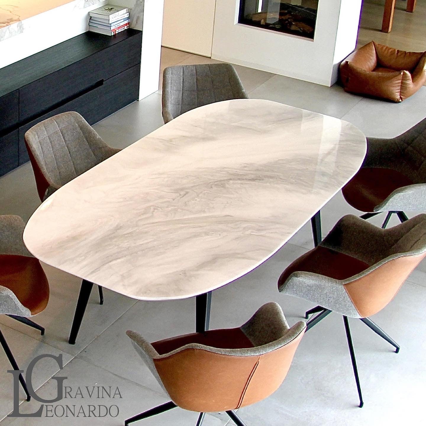 Grey Marble Boat-Shape Dining Table (Handmade Resin Finish)