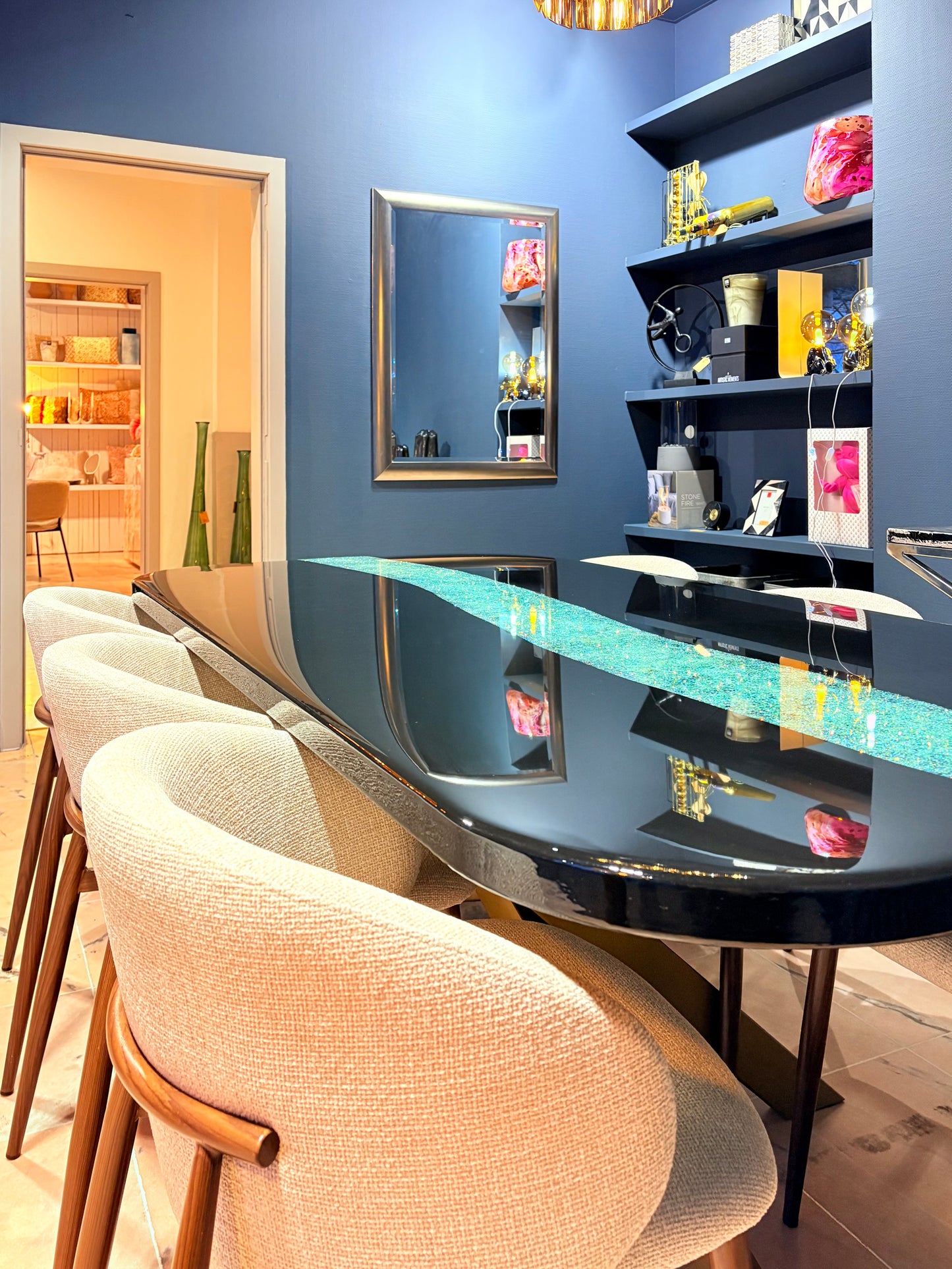 gemstones epoxy river dining tabe, black with rounded corners