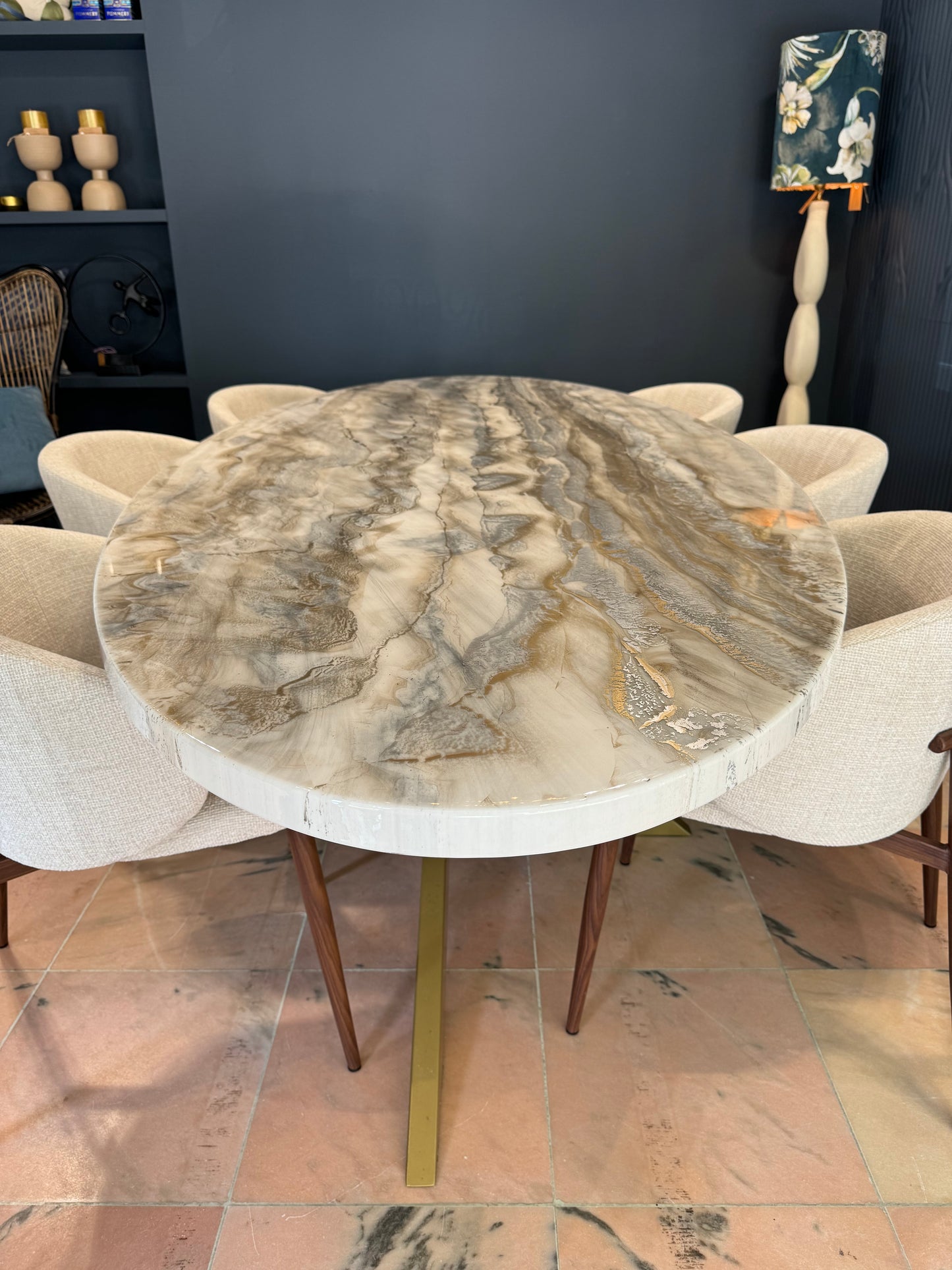 Customized Oval Dining Table | Silver and Gold Pouring Art