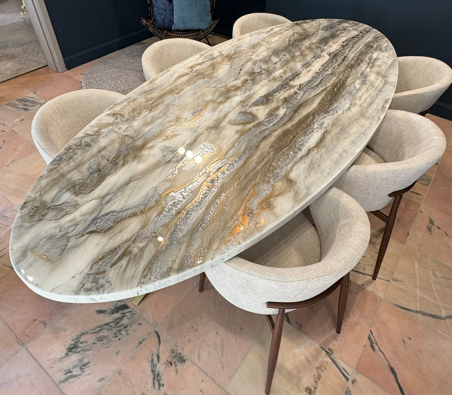 Customized Oval Dining Table | Silver and Gold Pouring Art