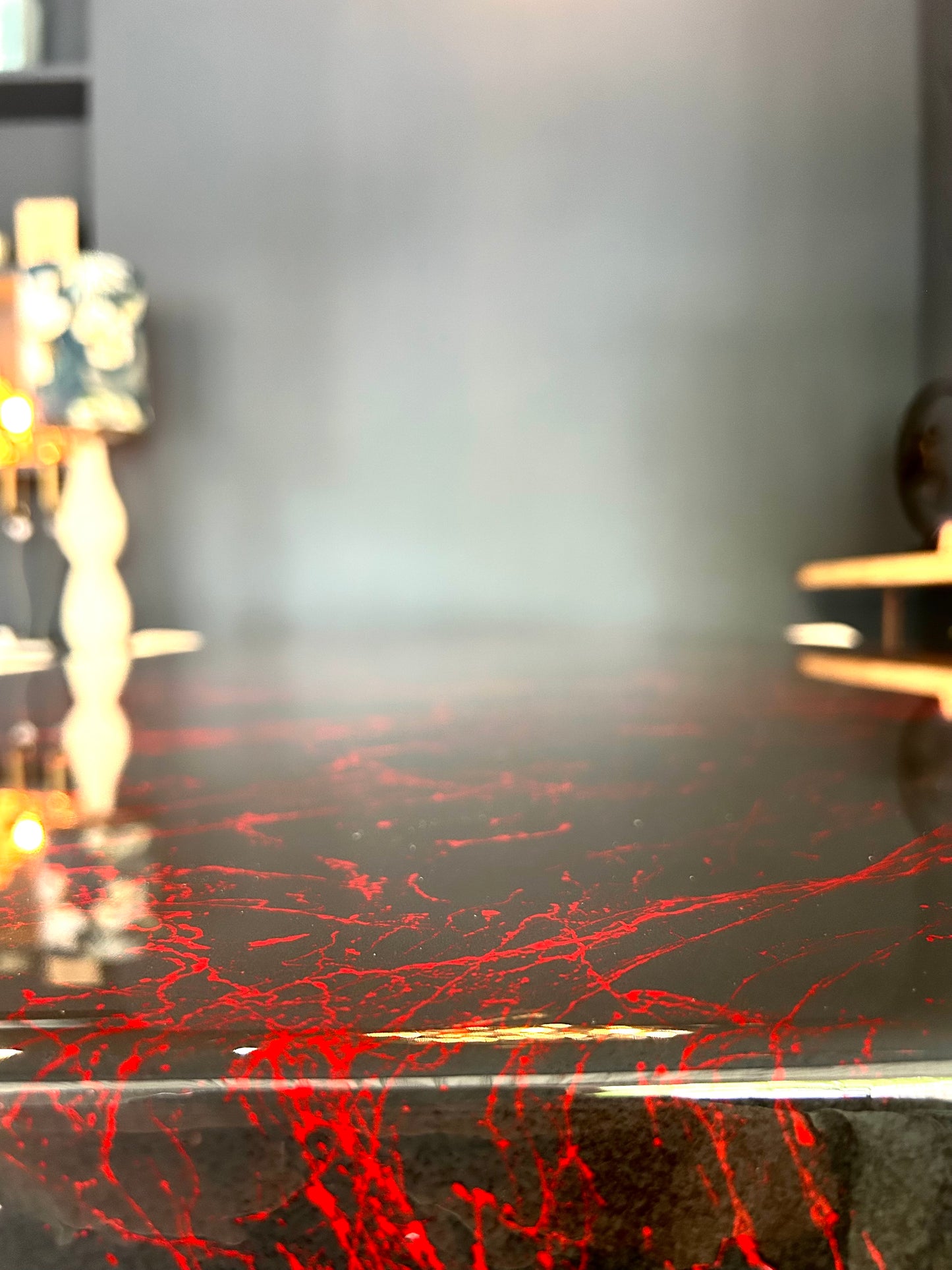 Dark Grey with Red Marble – High Gloss Resin Dining Table (Custom Size)