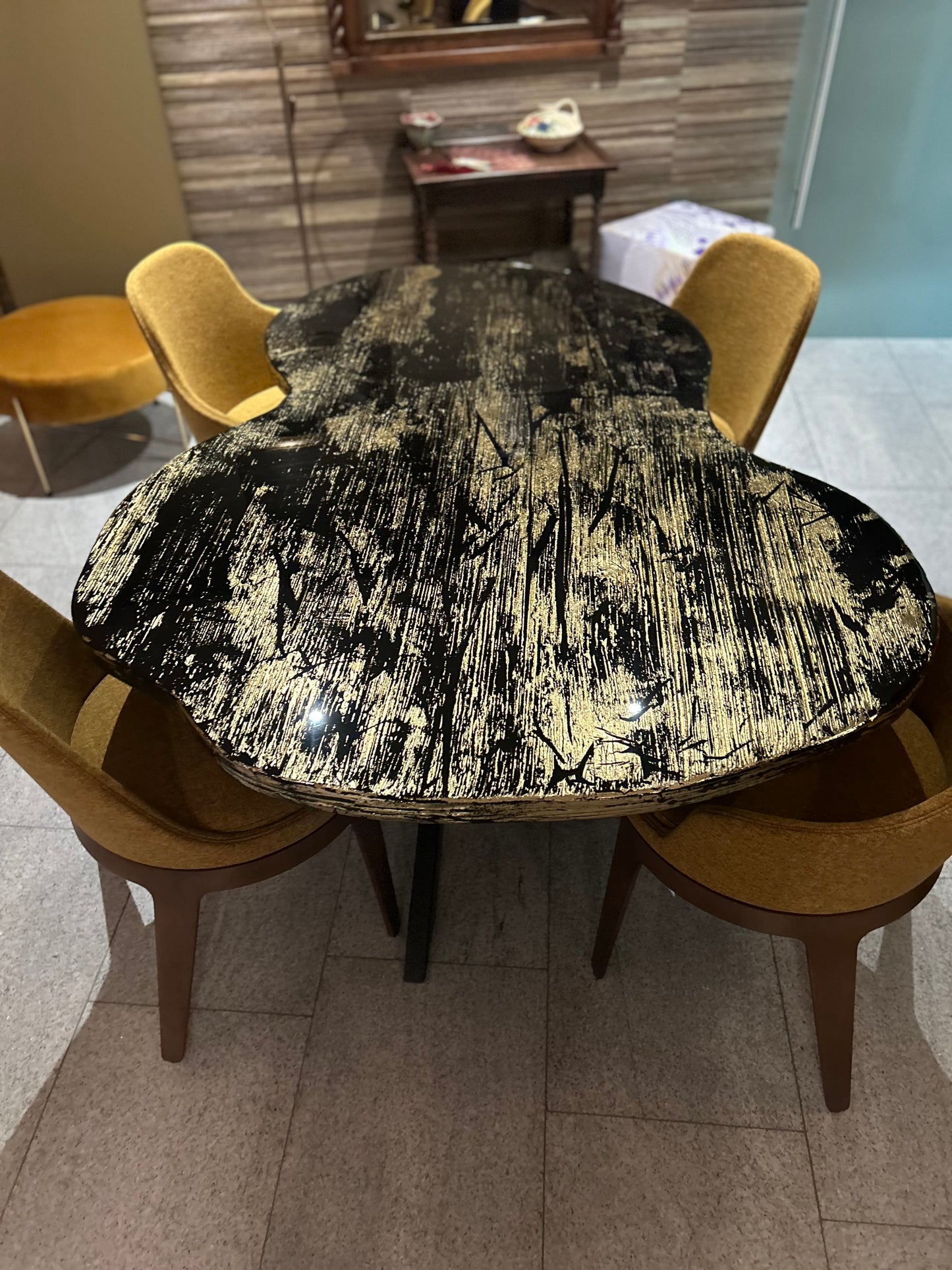 Black Organic Shape Table with 3D Gold Details (Custom)